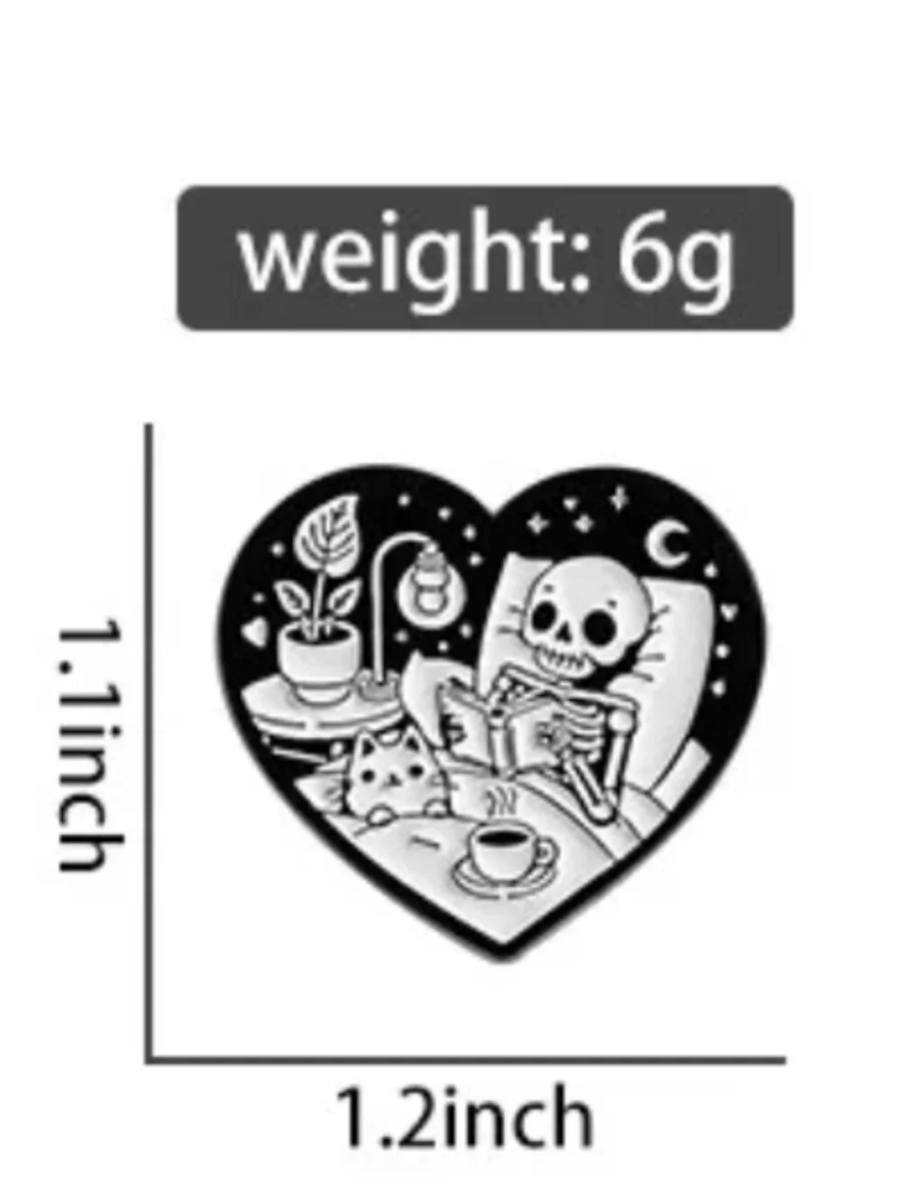 Cozy Skeleton Reading Enamel Pin – Gothic Heart-Shaped Book Lover Pin - Picture 2 of 2
